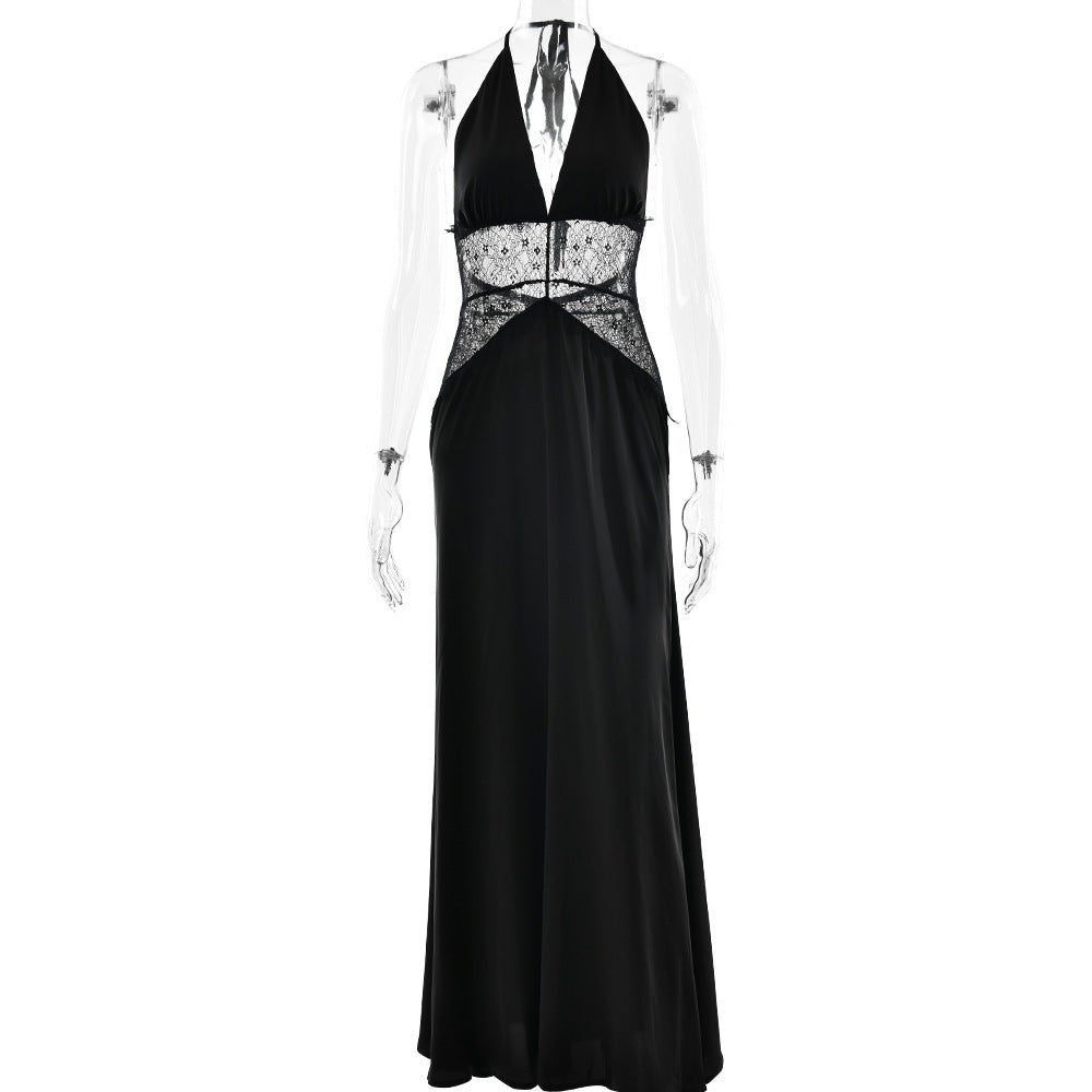 Summer Elegant Deep V Silky Satin Stitching Halter Dress