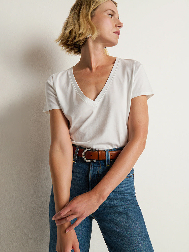 Summer Cotton Knitted Linen Sleeve Simple Women's T-shirt