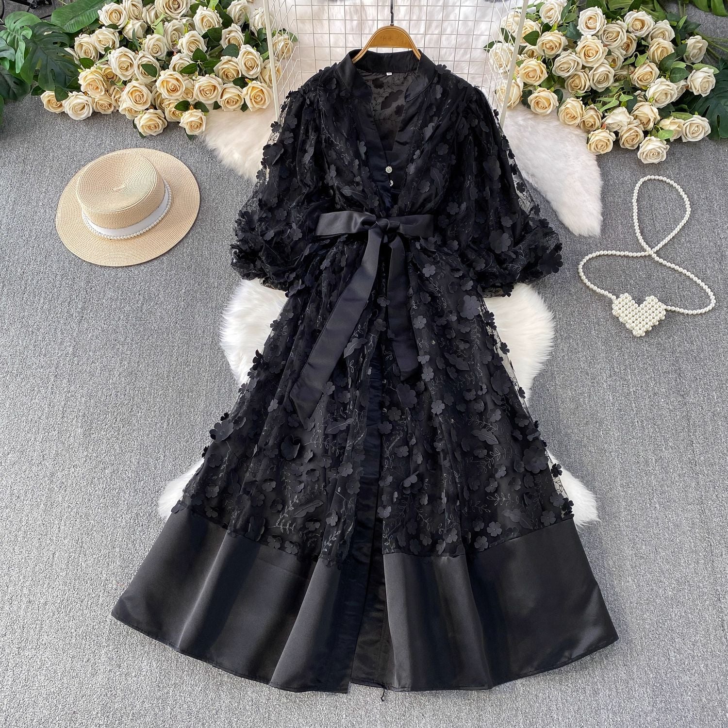 Palace Style Mesh Stitching Three-dimensional Flower Lantern Sleeves Long Sleeve Dress