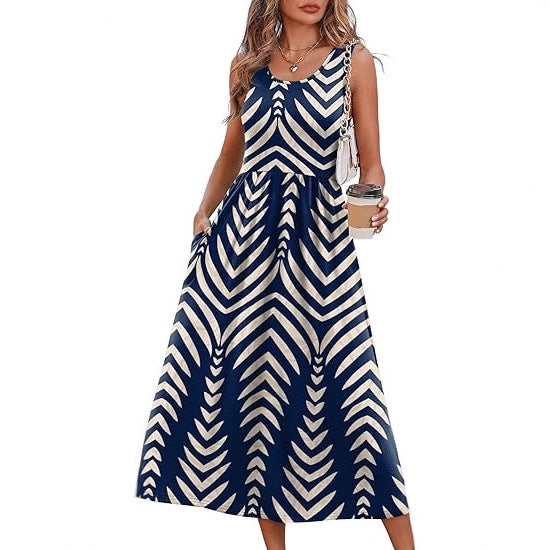 Women's Summer Printed Large Swing Sleeveless Pocket Dress