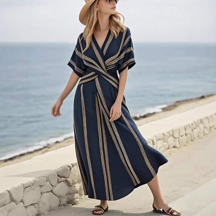 Women's Summer Holiday Short-sleeved Pleated Large Swing Clothing
