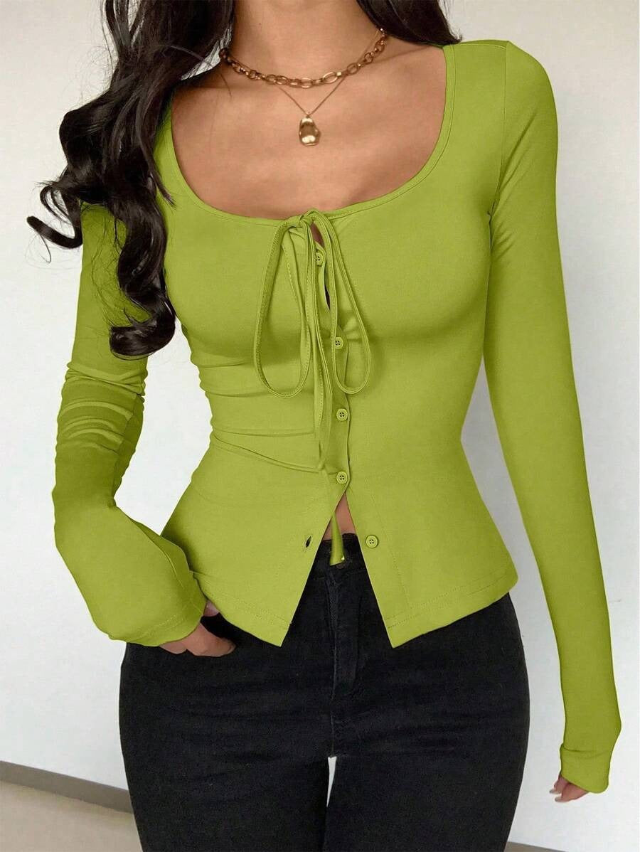Women's Sexy Long-sleeved Slim Slimming Button Women's T-shirt