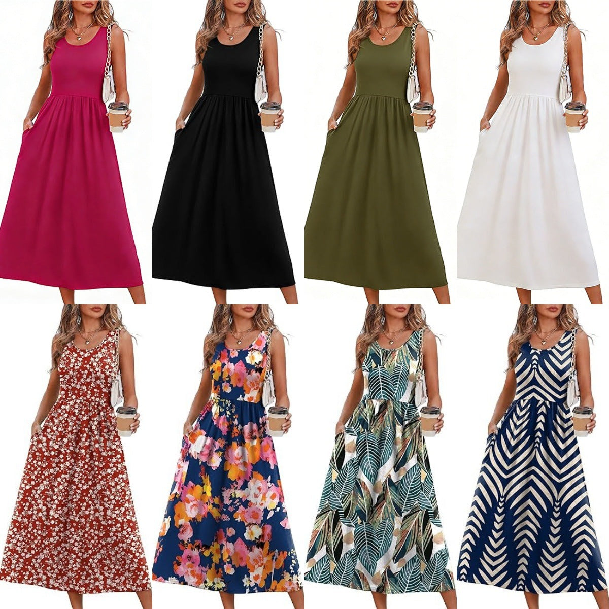 Women's Summer Printed Large Swing Sleeveless Pocket Dress