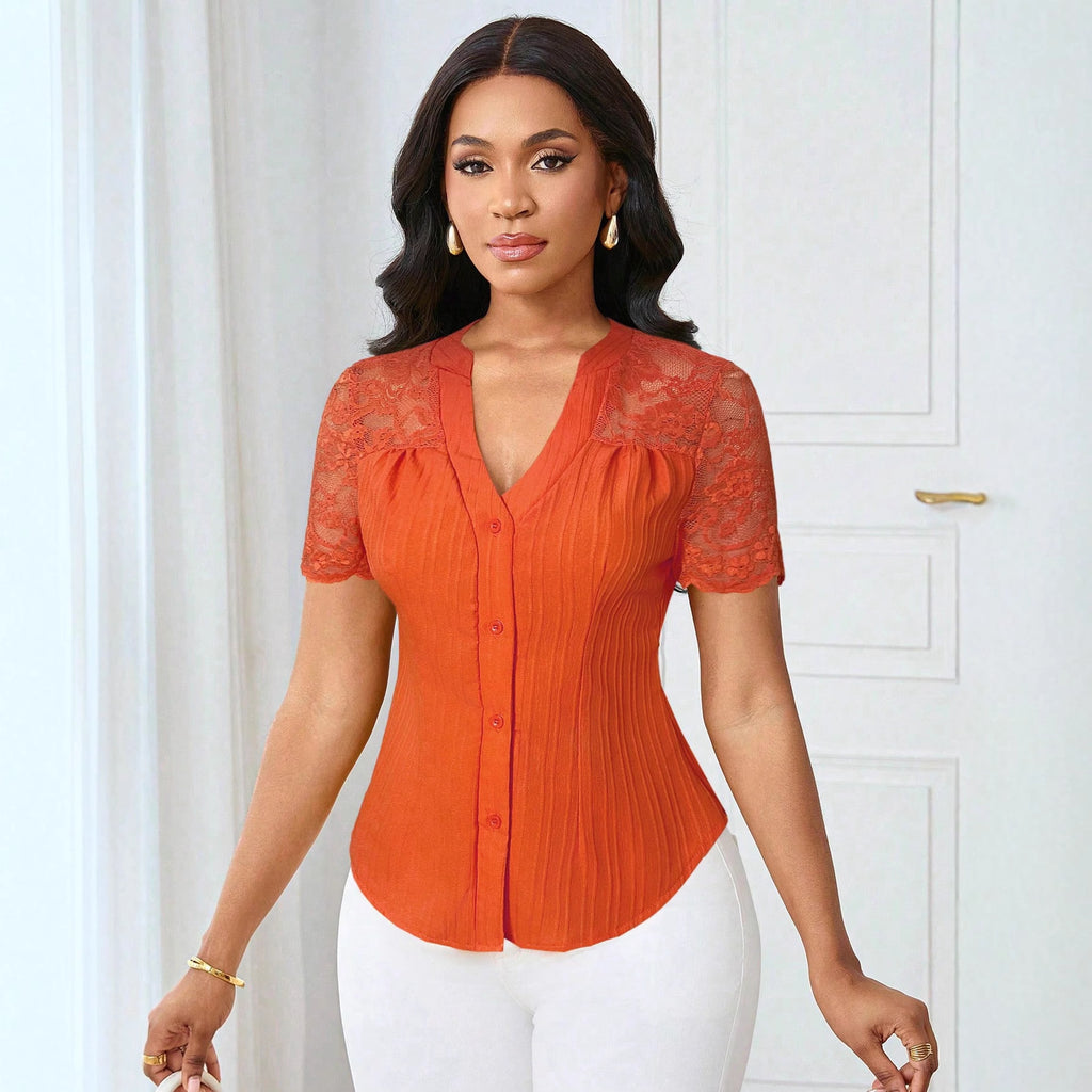 Women's Fashion Single-breasted Solid Color Embroidery Hollow Tops