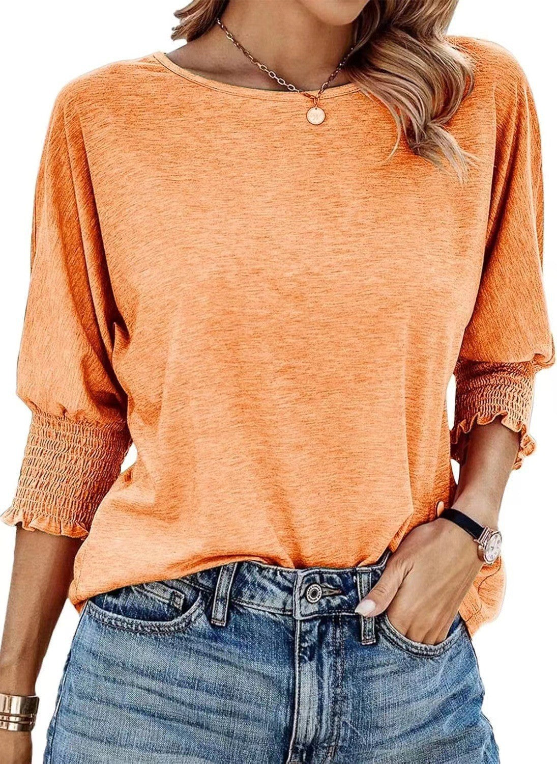Women's Summer Stylish Loose Round Neck Cuff Smocking Long Women's T-shirt
