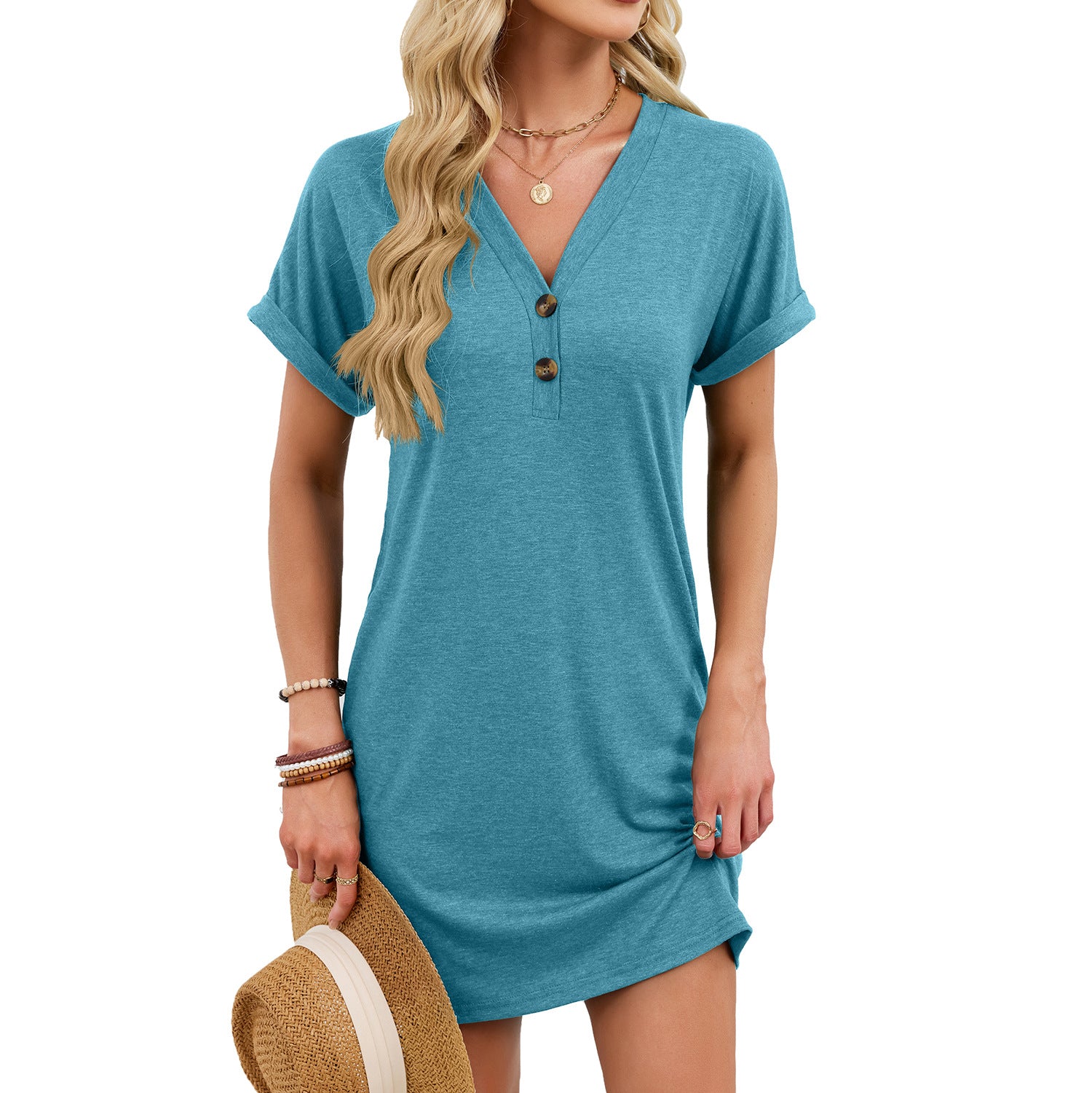 Women's Solid Color Button Sleeve T-shirt Dress