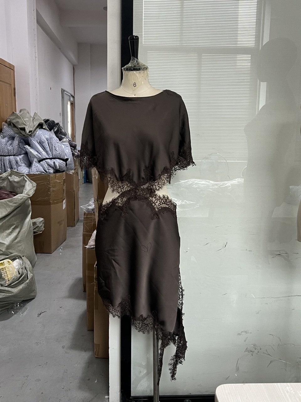 Women's Black Lace Stitching Sexy Asymmetric Hollow Dress
