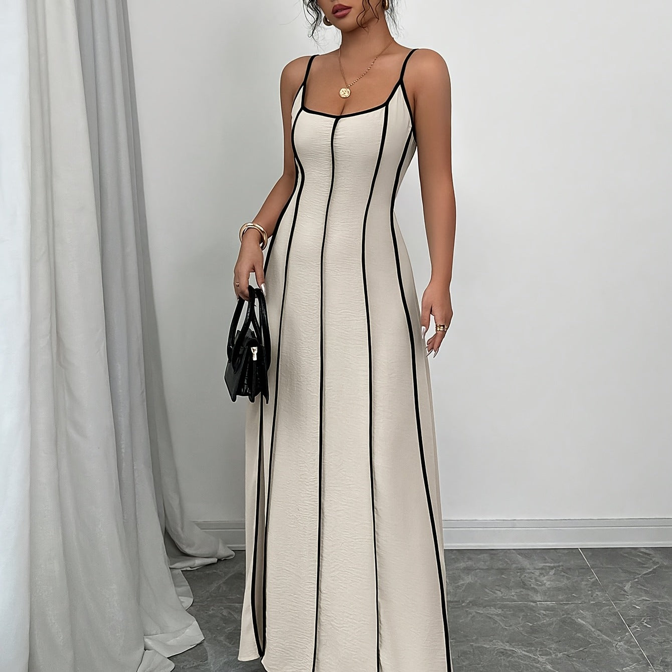 Women's Spaghetti Strap Backless Color Matching Suspender Dress