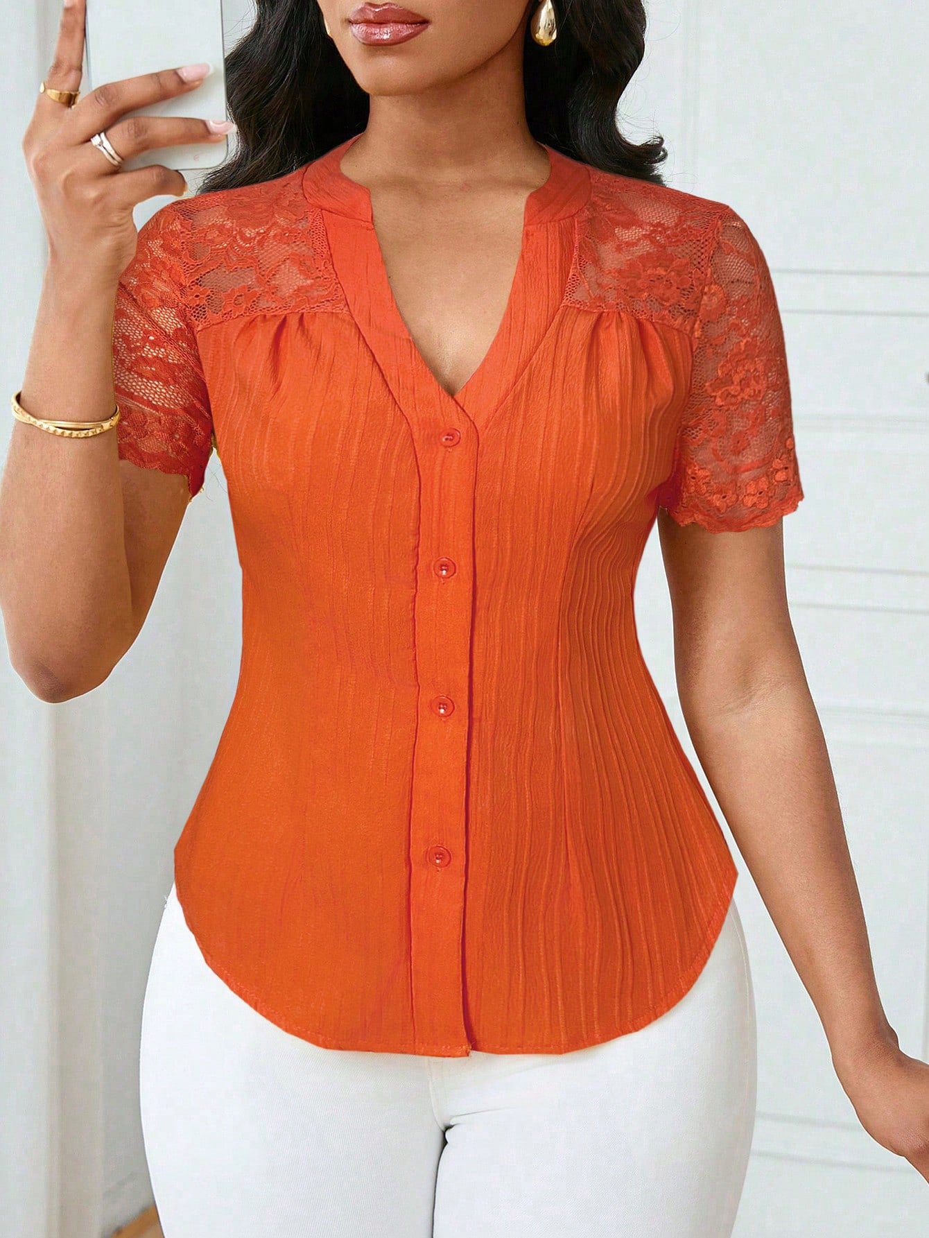 Women's Fashion Single-breasted Solid Color Embroidery Hollow Tops