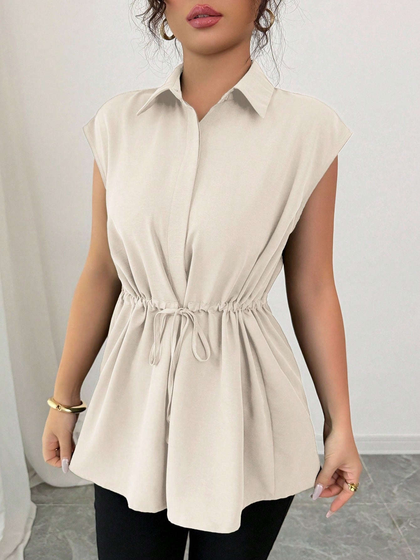 Women's Fashion Loose Waist Single-breasted Solid Color Collar Women's T-shirt