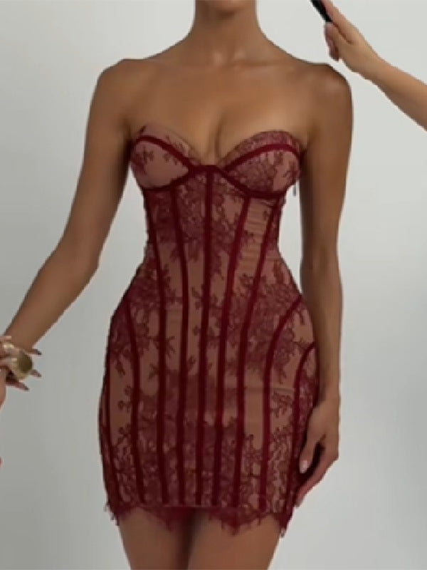 Women's Fishbone Lace Sheath Sleeveless Tube Dress