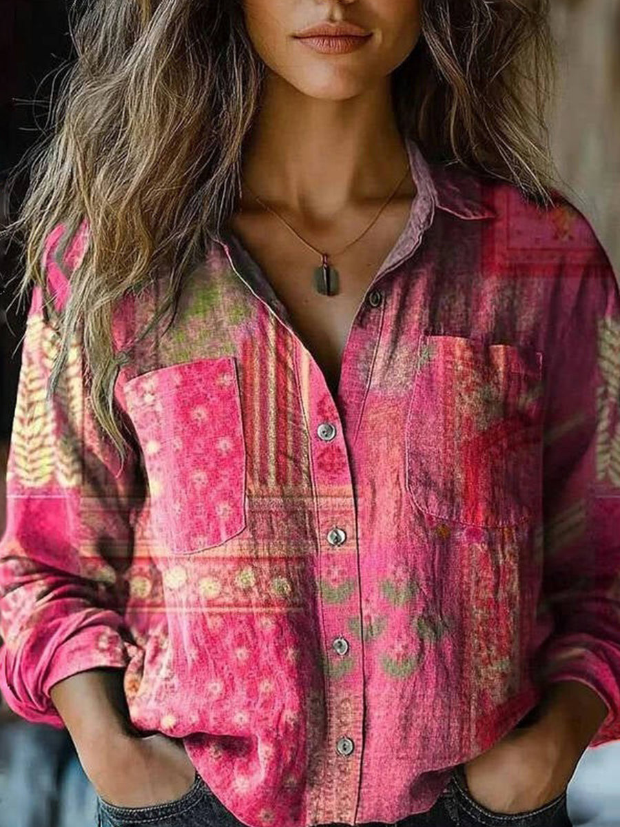 Women's Digital Printing Fashion Lapels Long Sleeve Blouse