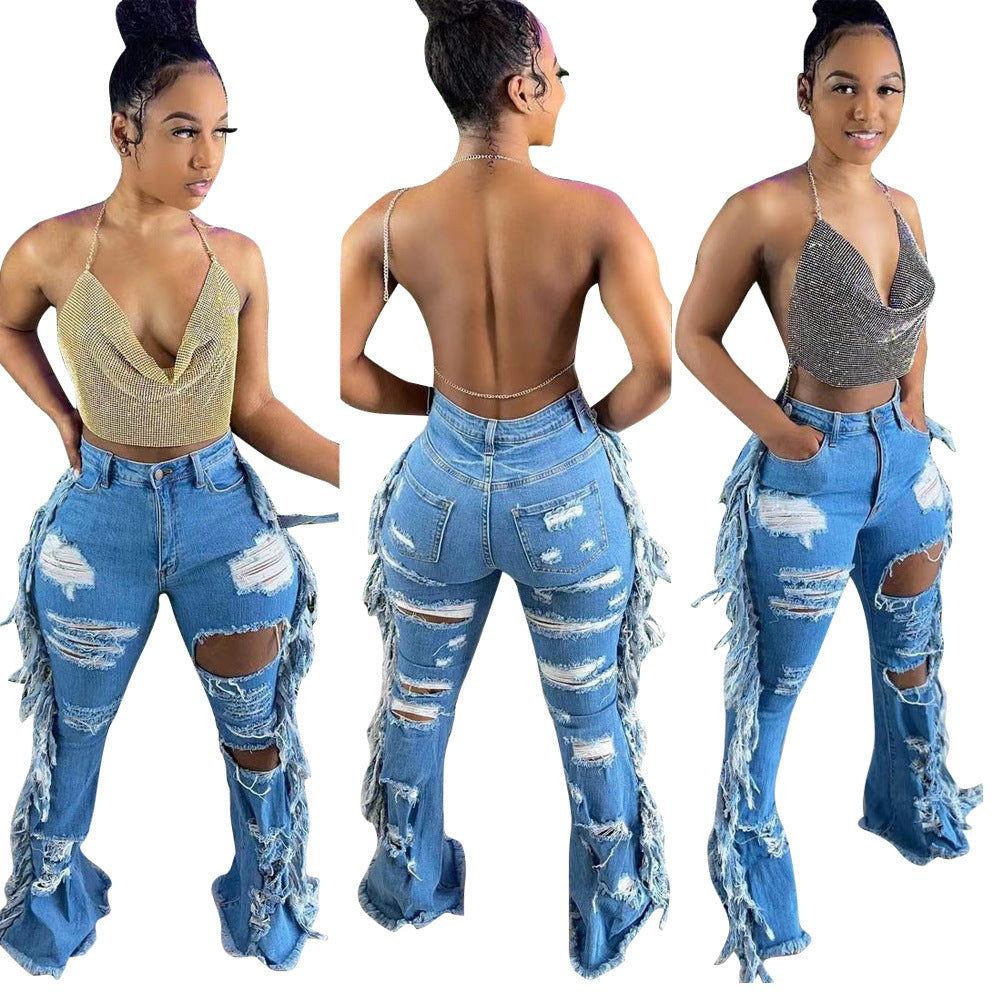 Summer Long With Holes Washed Tassels Women's Jeans