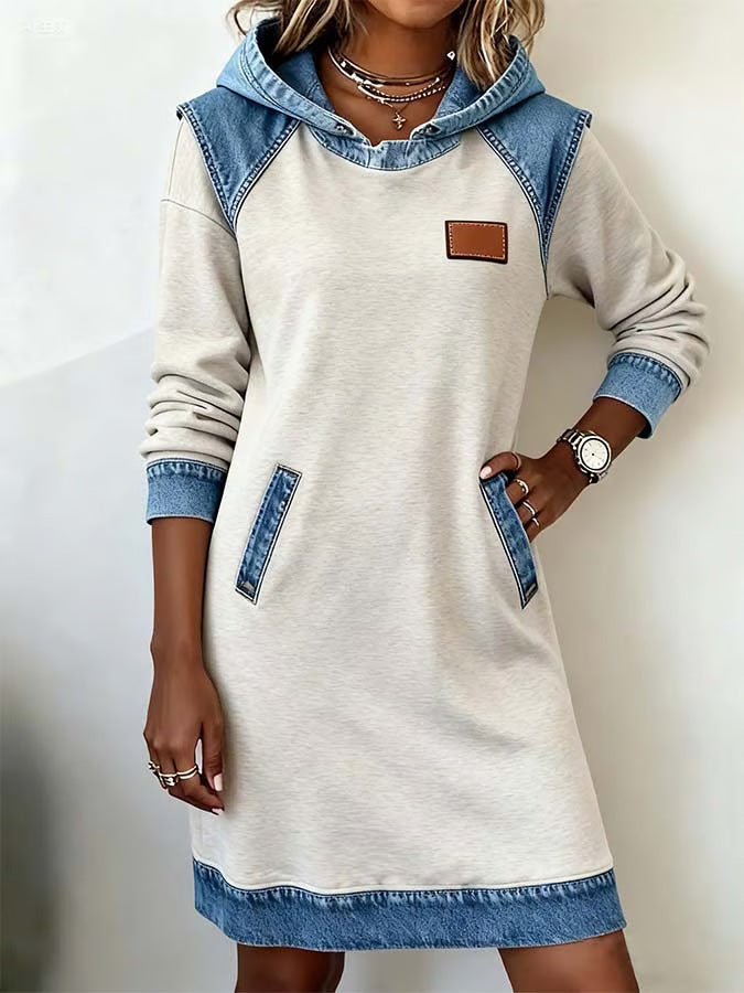 Denim Color Matching Ladies Hoodie Contrast Hat Dress
