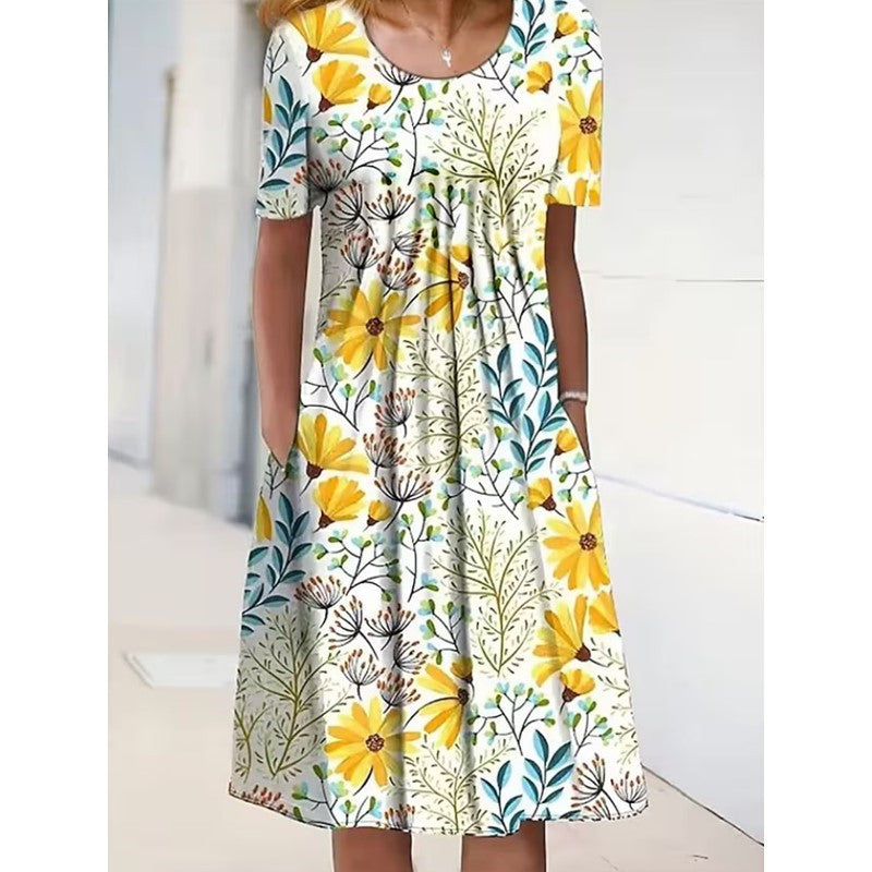Women's Floral Print Round Neck Pocket Mid-length Clothing