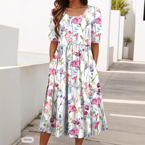 Women's Round Neck Printed Large Hem Dress