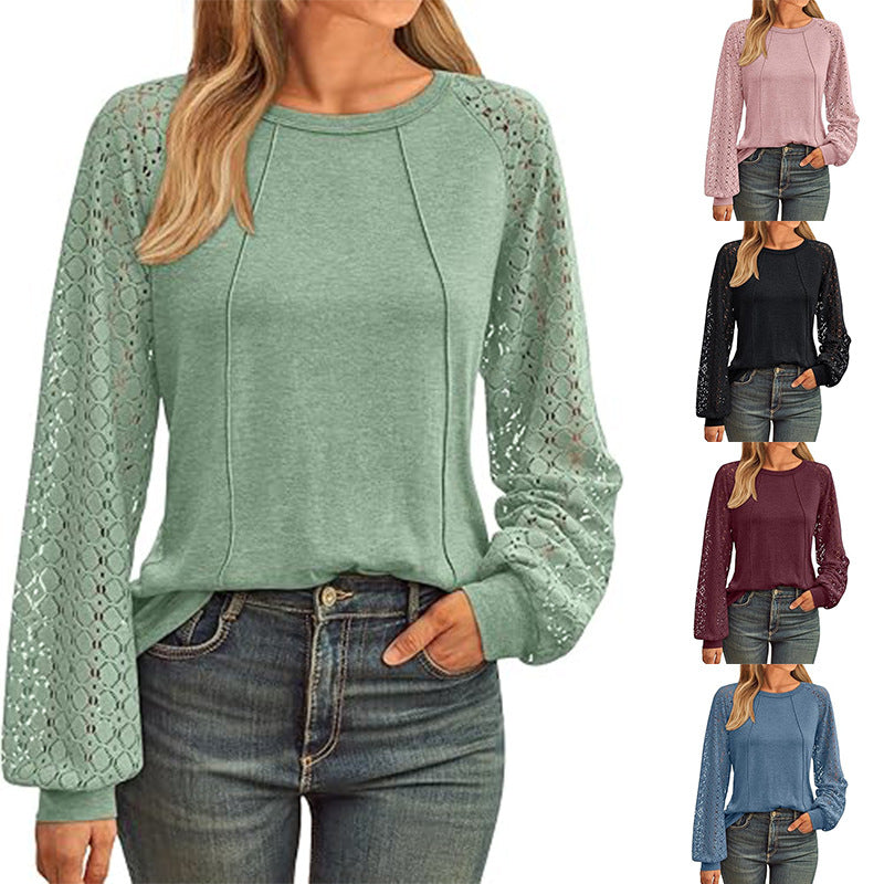 Women's Lace Patchwork Round Neck Pleated Long Tops