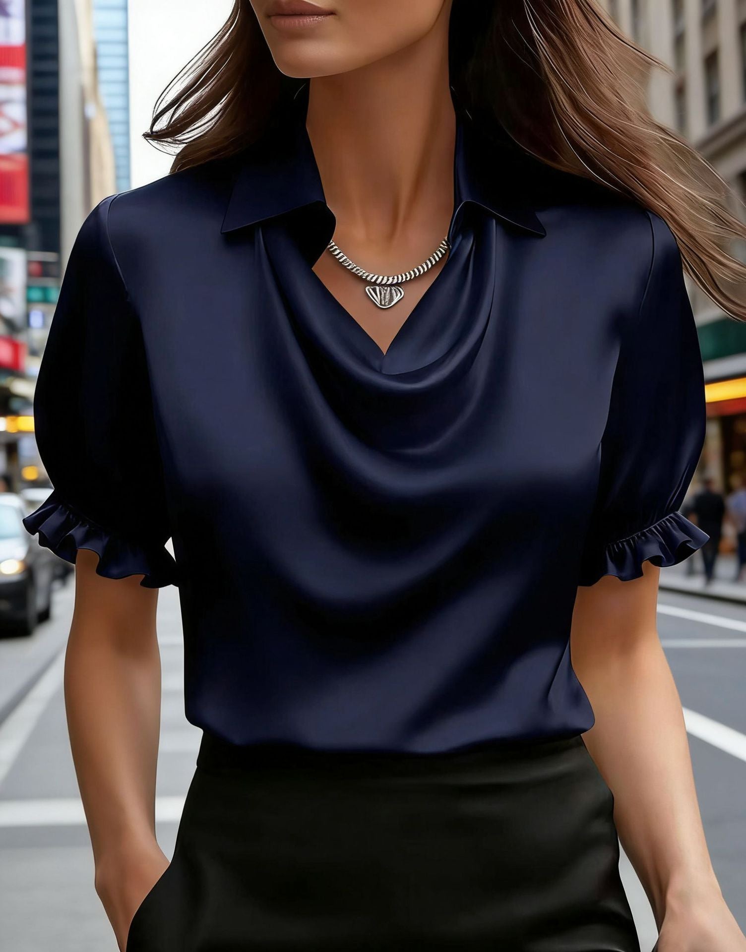 Women's Simple Graceful Swing Collar Shirt Sleeved Blouse