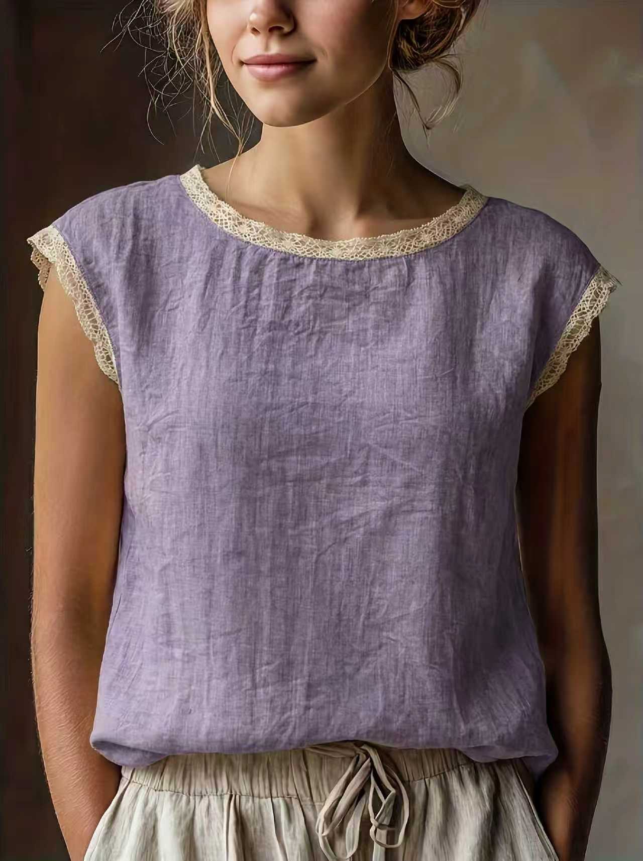 Women's Solid Color Round Neck Lace Stitching Sleeveless Linen Blouse