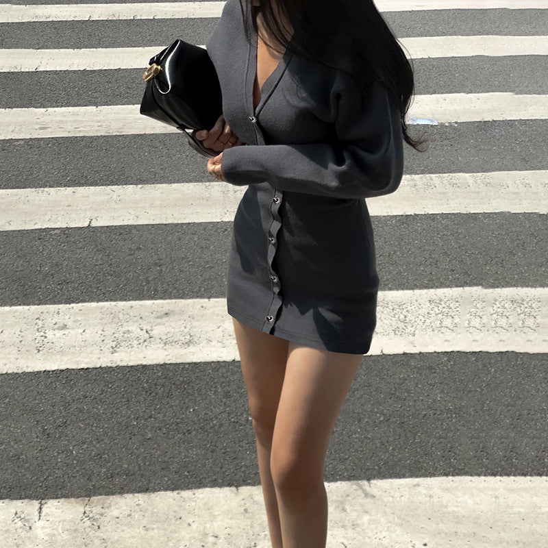 Women's Sexy Deep Knitted Long Sleeves Waist Dress