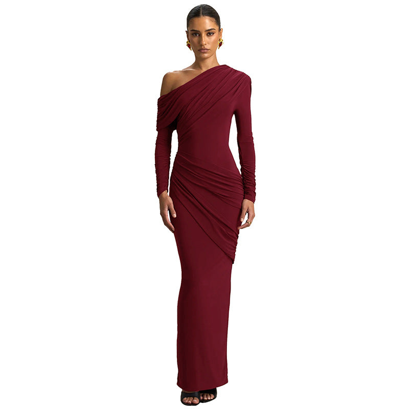 Women's Solid Color Elegant Asymmetric Neckline Pleated Dress