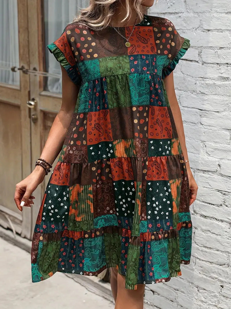 Women's Stitching Printing Batwing Sleeve Ruffled Dress