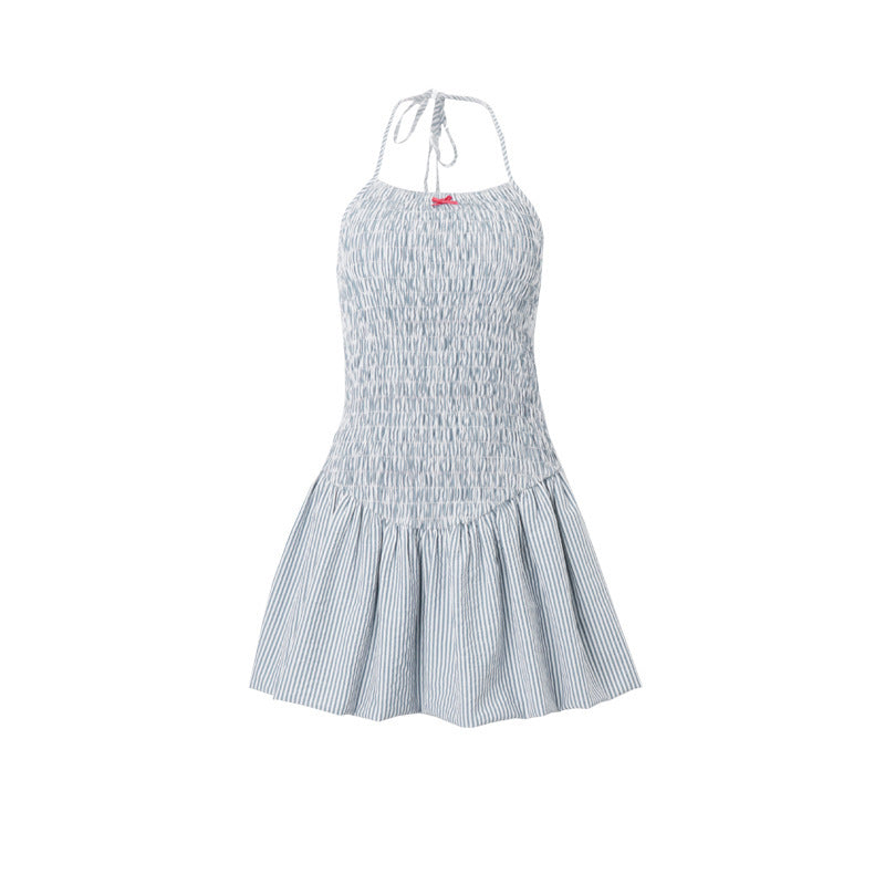Women's Sweet Spicy Bow Smocking Halter Tulle Dress
