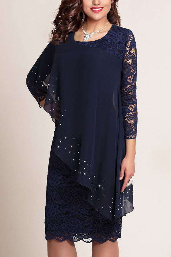 Large Solid Color Lace Stitching Elegant Cropped Dress