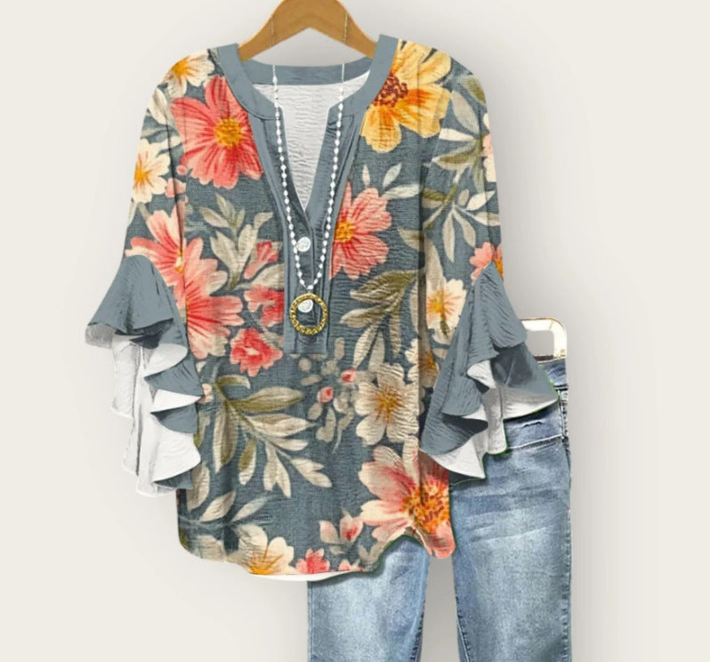Women's Floral Element Print Casual Trend Lotus Tops