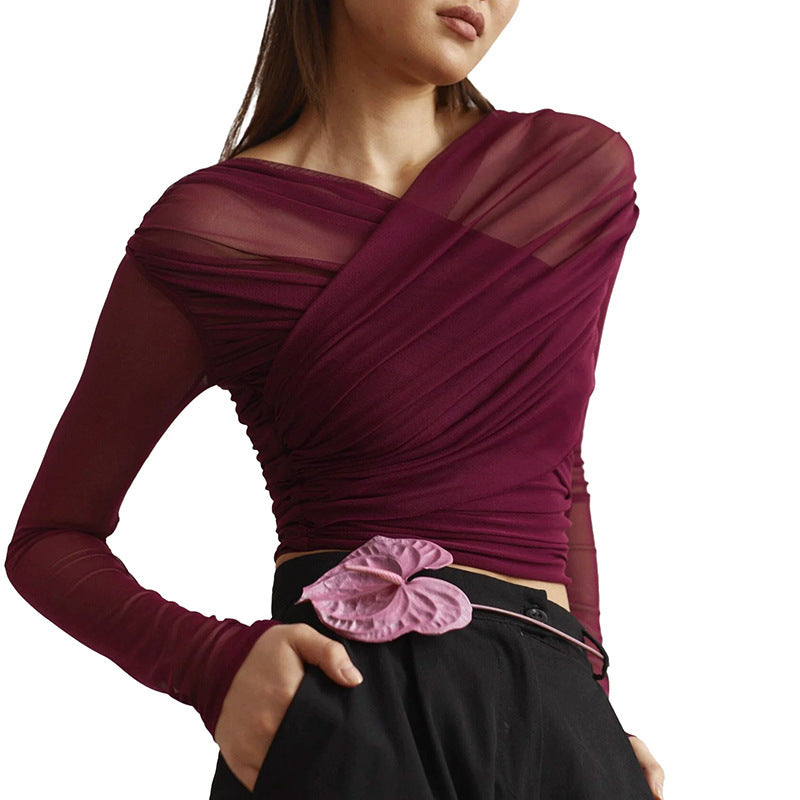 Women's Autumn Pure Color Mesh Sexy Pleated Tops