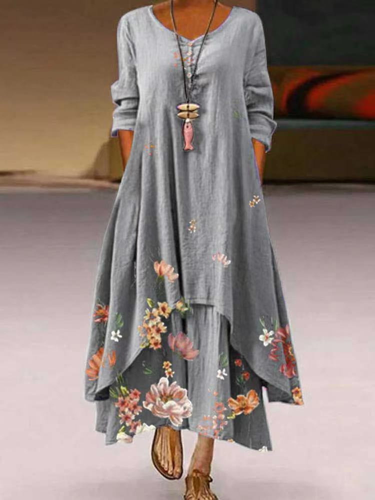 Women's Popular Printed Long-sleeved Hem Irregular Long Dress