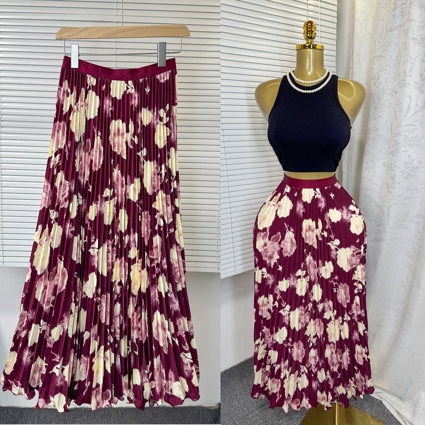 Women's Retro Printed High Waist A- Line Mid-length Pleated Large Hem Skirt