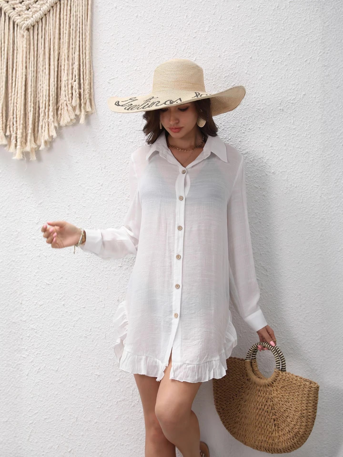 Women's Summer Slub Cotton Ruffle Vacation Style Beach Blouse