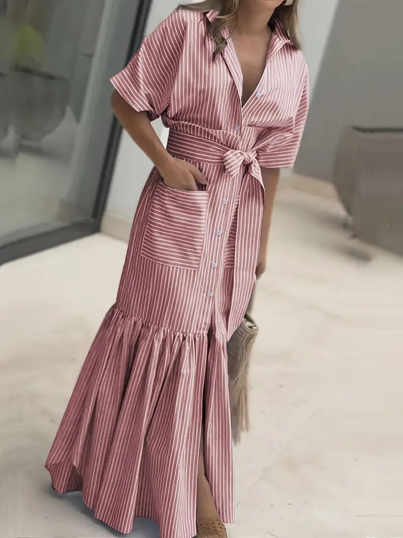 Fashion Striped Sleeve Loose Midi Shirt Shorts