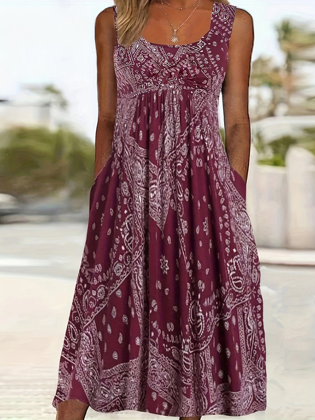 Summer Vintage Loose Vacation Style Round Neck Printed Pocket Dress