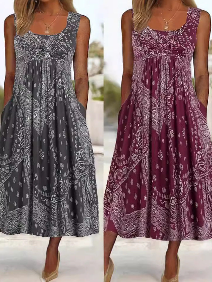 Summer Vintage Loose Vacation Style Round Neck Printed Pocket Dress