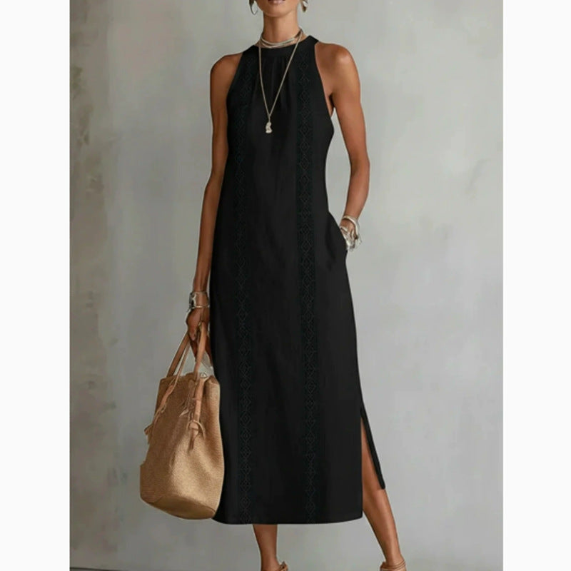 Women's Round Neck Sleeveless Lace Split Solid Color Cotton Dress