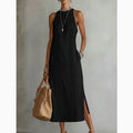 Women's Round Neck Sleeveless Lace Split Solid Color Cotton Dress