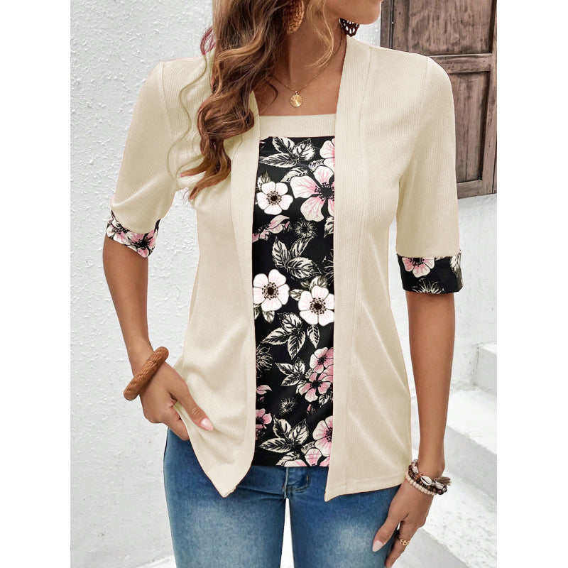 Women's Summer Fake Two-piece Sleeve Printed T-shirt Blouse