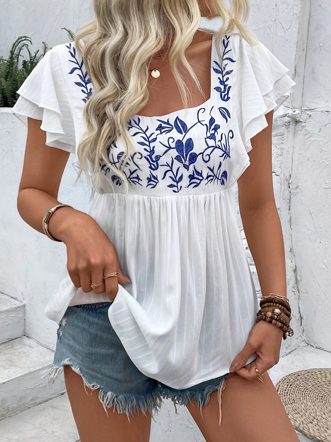 Summer Printed Square Collar Pullover T-shirt Blouse