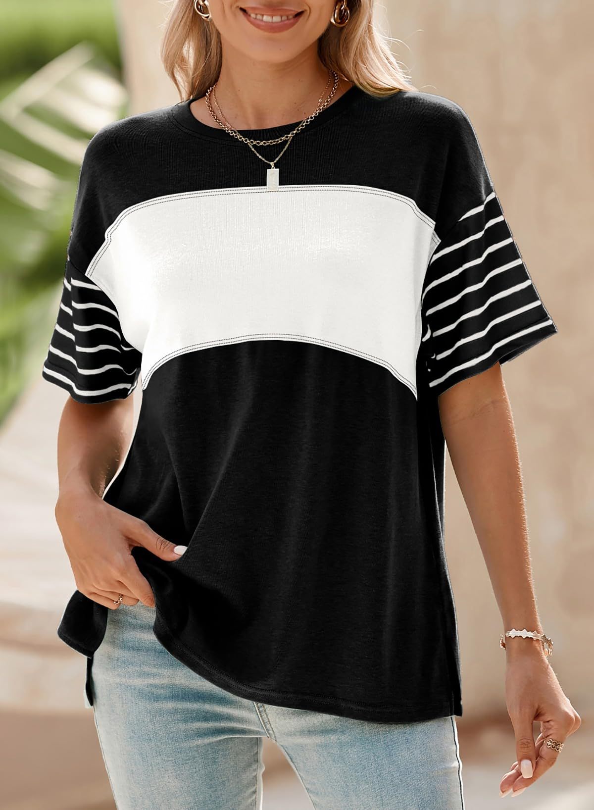 Women's Pullover Crew Neck Casual Striped Contrast Color Women's T-shirt