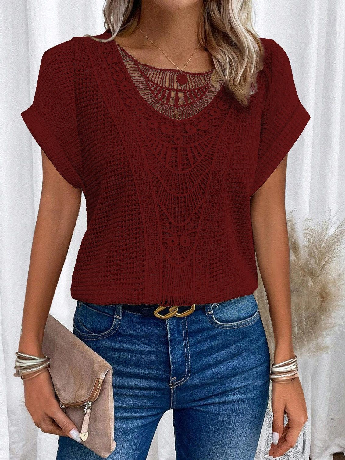 Fashion Beautiful Women's Lace Patchwork Short-sleeved Women's T-shirt