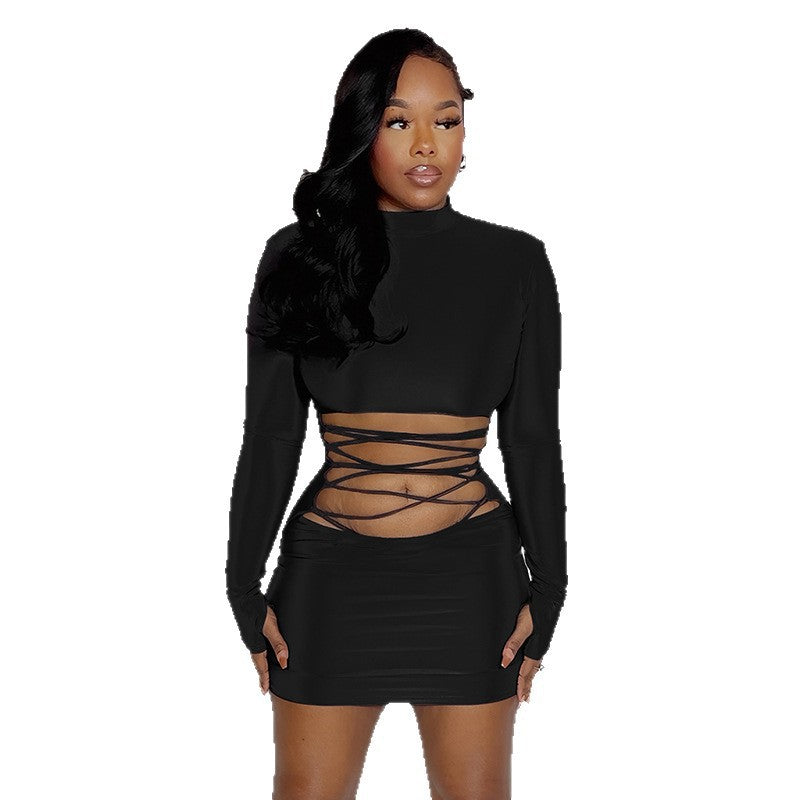 Women's Winter Sexy Pure Color Half Collar Finger Fit Design Long Dress