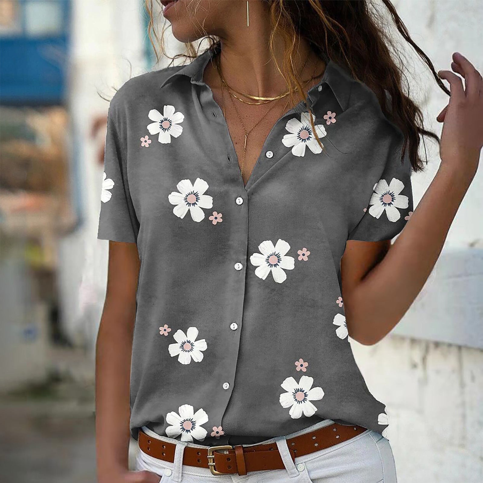 Women's Fashion Casual Sleeve Button Flower Print Blouse