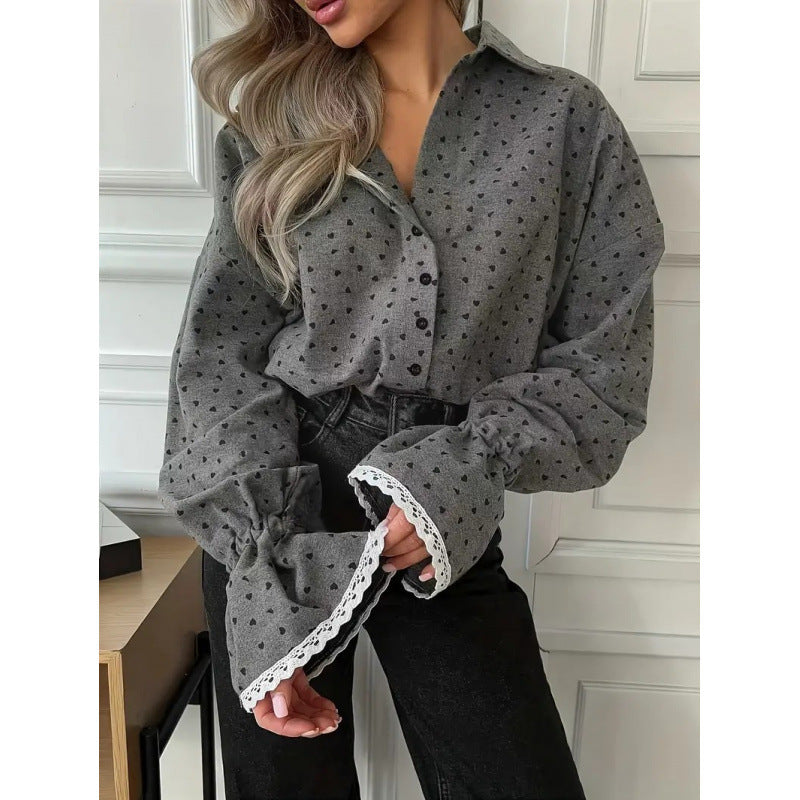 Women's Trend Heart Printing Shirt Single-breasted Elegant Cuff Stitching Lace Blouse