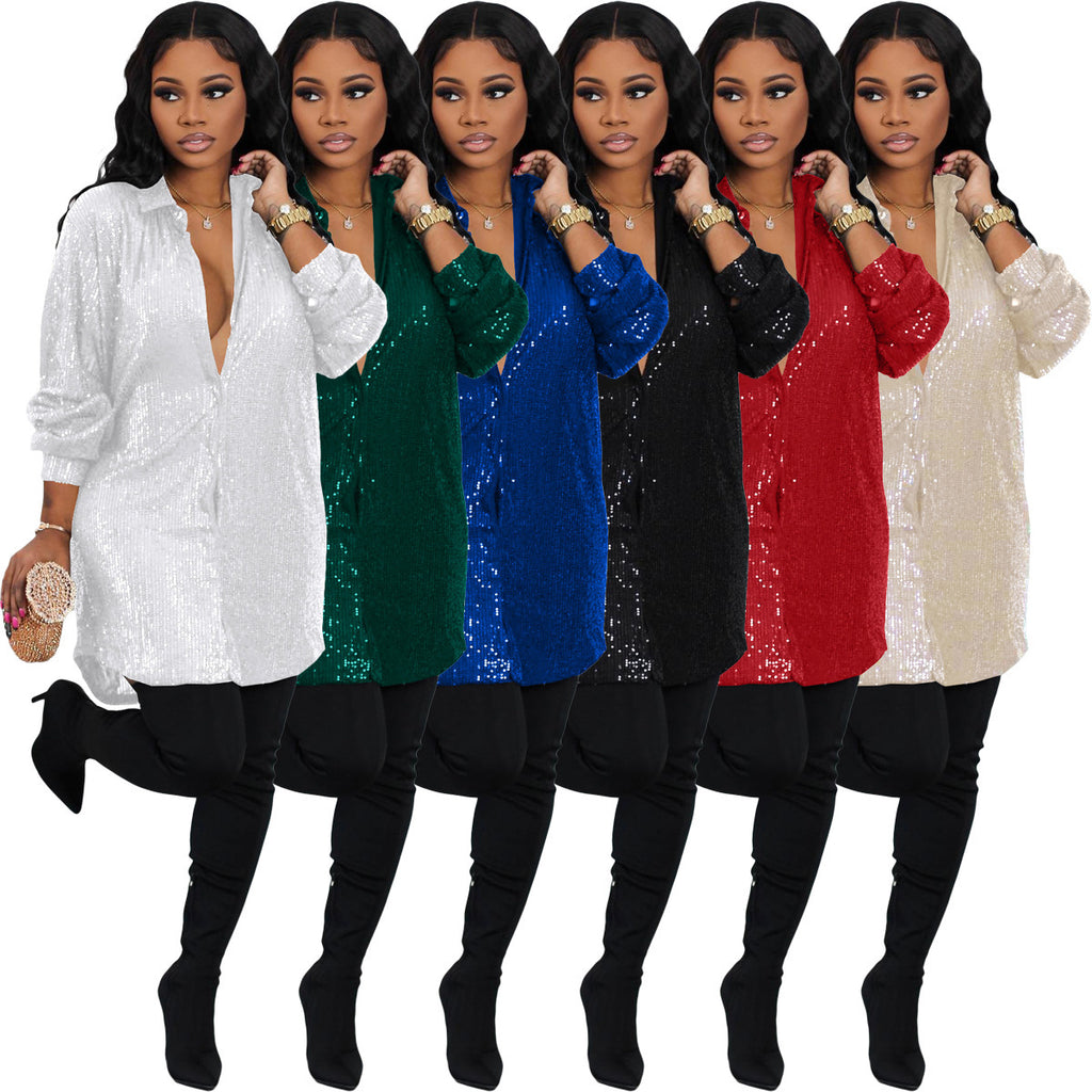 Women's Pure Color Sequins Loose Shirt Dress