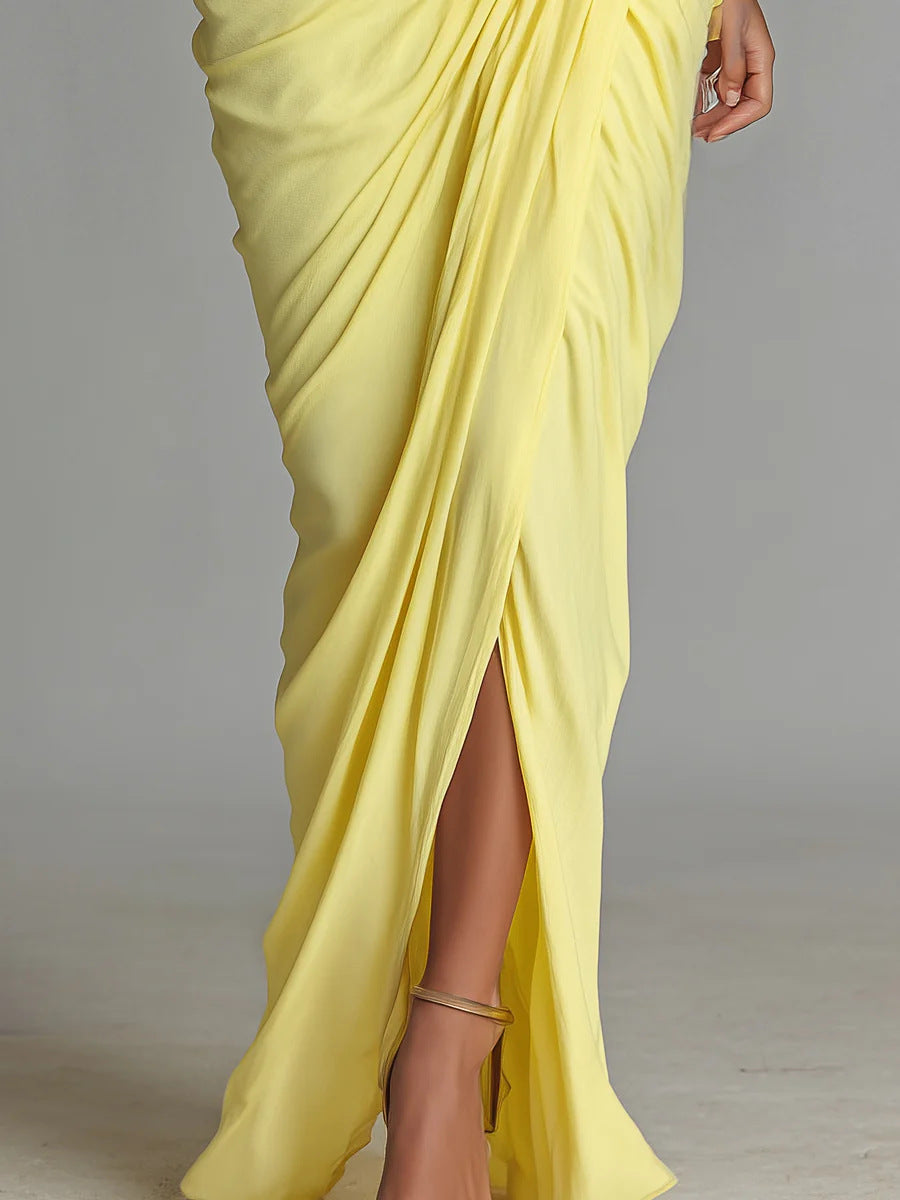 Women's Yellow Pleated Elegant Turtleneck Long Dress