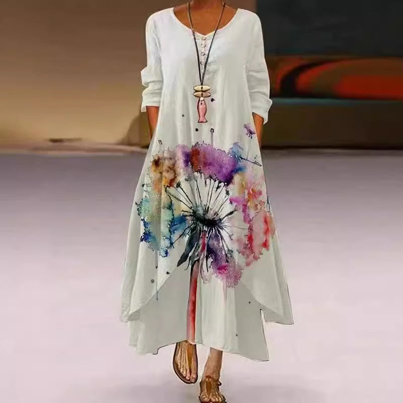 Women's Popular Printed Long-sleeved Hem Irregular Long Dress
