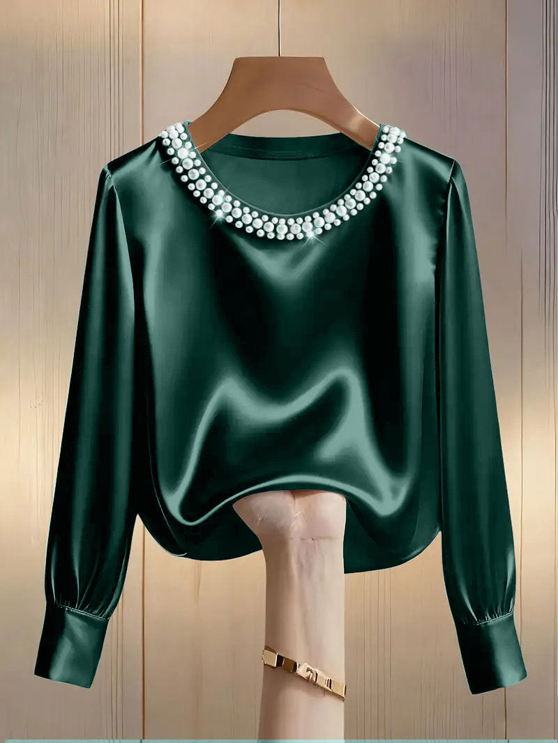 Women's Style High-grade Pearl Round Neck Satin Shirt Tops