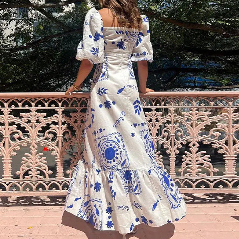 Women's Spring Elegant Fashion Lantern Sleeve Printing Dress
